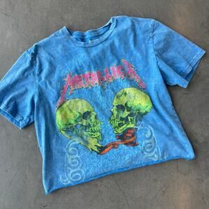 Vintage Y2k Metallica Rock Band Blue Skull Graphic Crop Tee Large